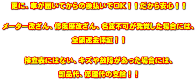 �X�ɁA�Ԃ��͂��Ă���̌㕥����OK�I�I��������S�I�I   ���[�^�[������A�C����������A���ϕs�����o�����ꍇ�ɂ́A  �S�z�ԋ��ۏ؁I�I   �����\�ɂ͂Ȃ��A�L�Y��̏Ⴊ�������ꍇ�ɂ́A  ���i��A�C����̎x���I�I